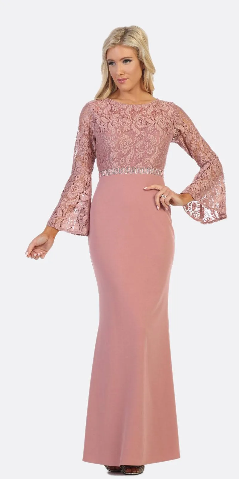 Celavie 6374 Beaded Waist Long Dress with Long Bell Sleeves