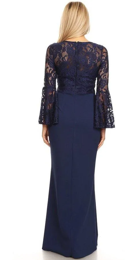 Celavie 6374 Beaded Waist Long Dress with Long Bell Sleeves