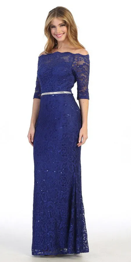 Celavie 6390L Off-Shoulder Long Formal Dress Beaded Waist