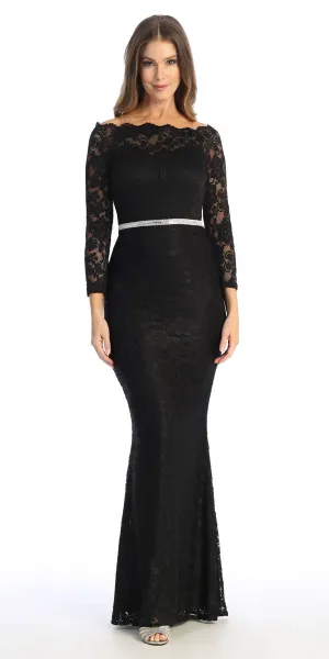 Celavie 6390L Off-Shoulder Long Formal Dress Beaded Waist