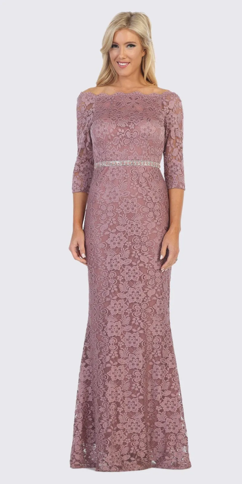 Celavie 6390L Off-Shoulder Long Formal Dress Beaded Waist