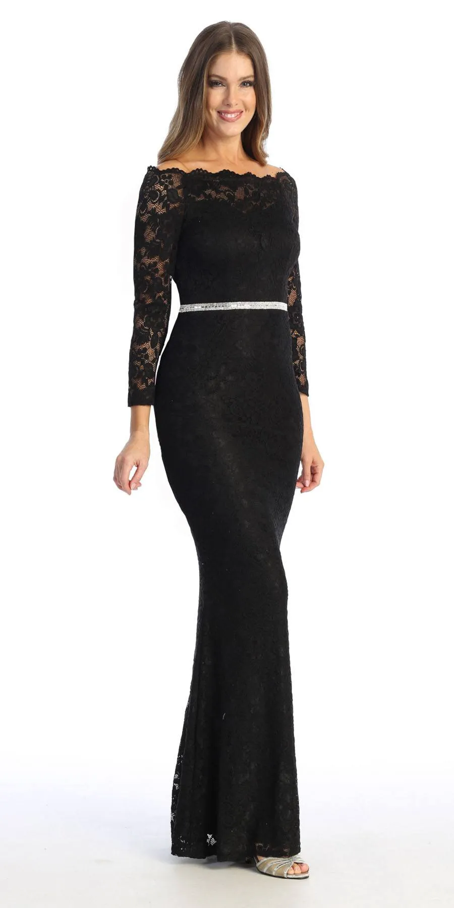 Celavie 6390L Off-Shoulder Long Formal Dress Beaded Waist