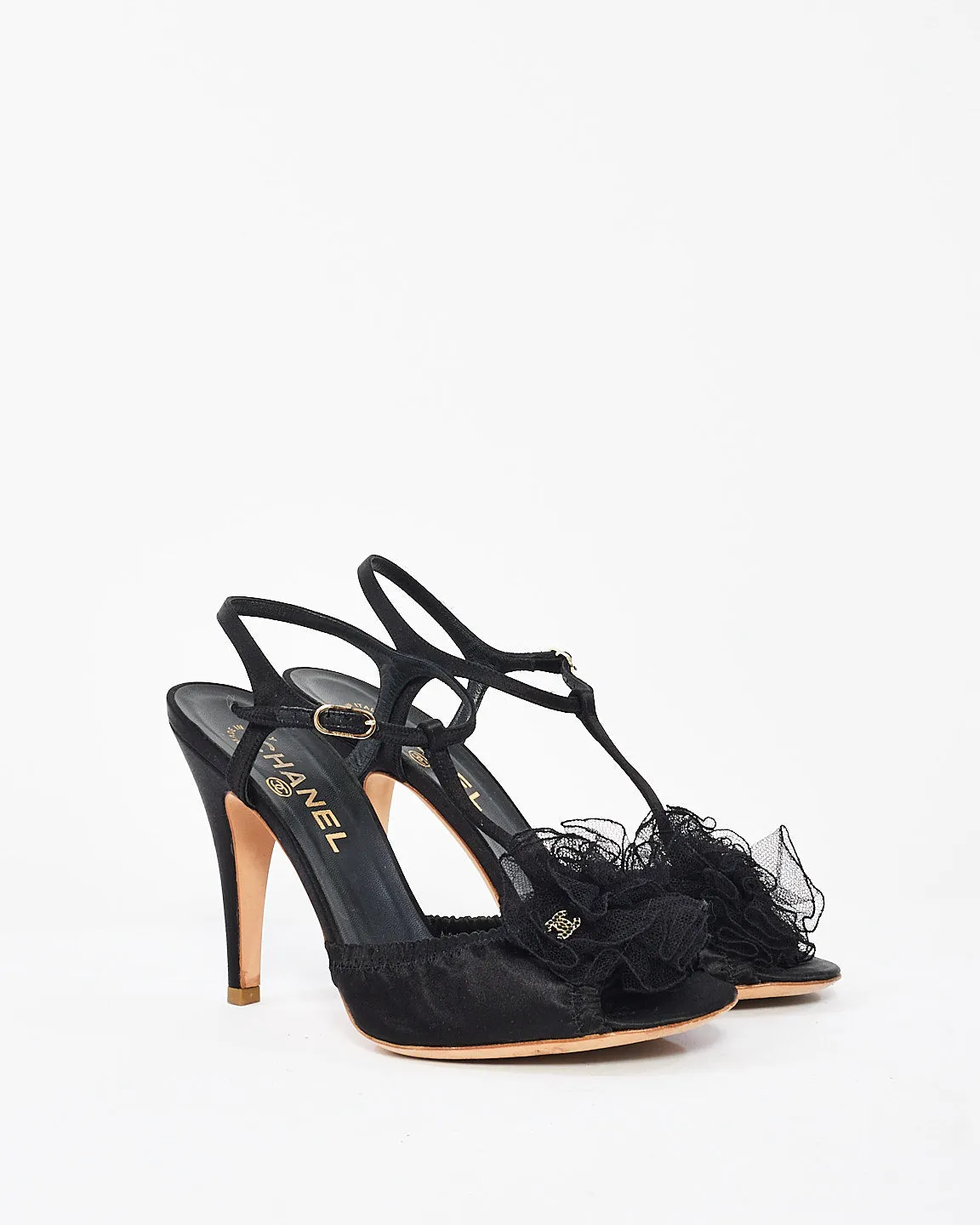 Chanel Black Satin Ribbon Open Toe Sandals - 38.5