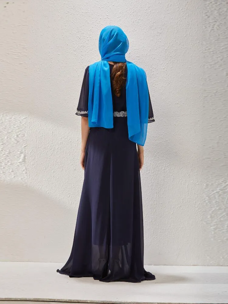 Chiffon Embroidered V-neck Short Sleeved Long Jalabiya