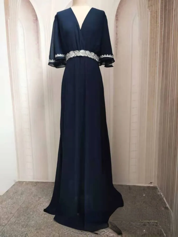 Chiffon Embroidered V-neck Short Sleeved Long Jalabiya