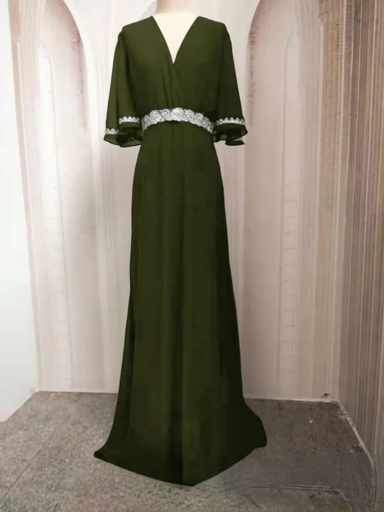 Chiffon Embroidered V-neck Short Sleeved Long Jalabiya