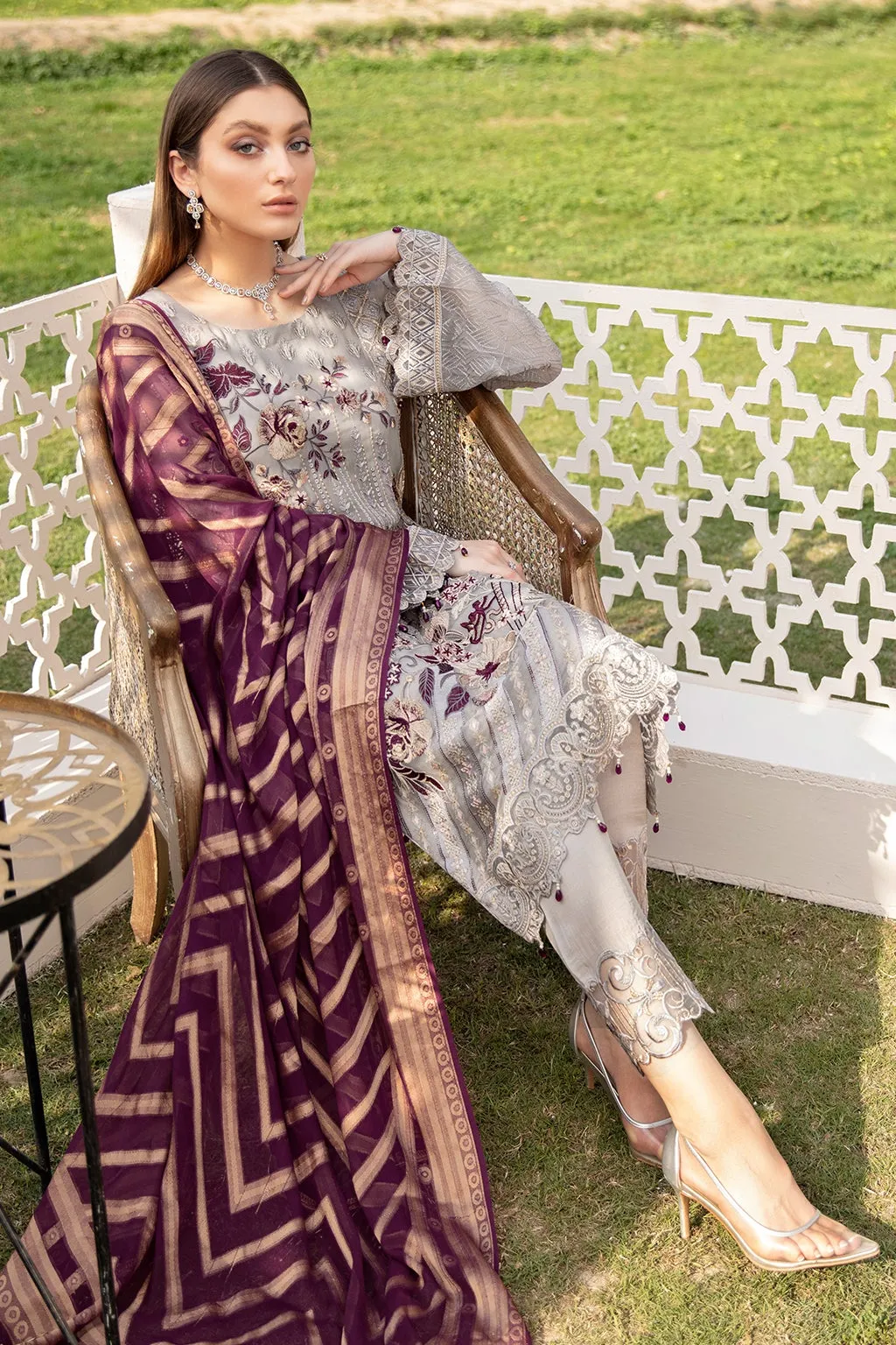 Chiffon Grey Salwar Kameez with Embroidery Work #PF386