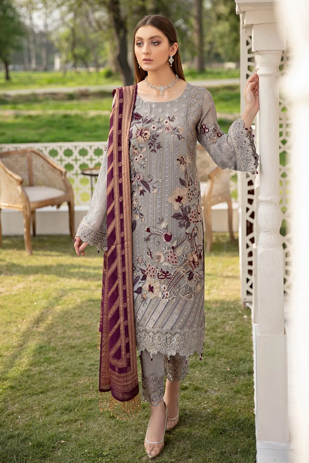 Chiffon Grey Salwar Kameez with Embroidery Work #PF386