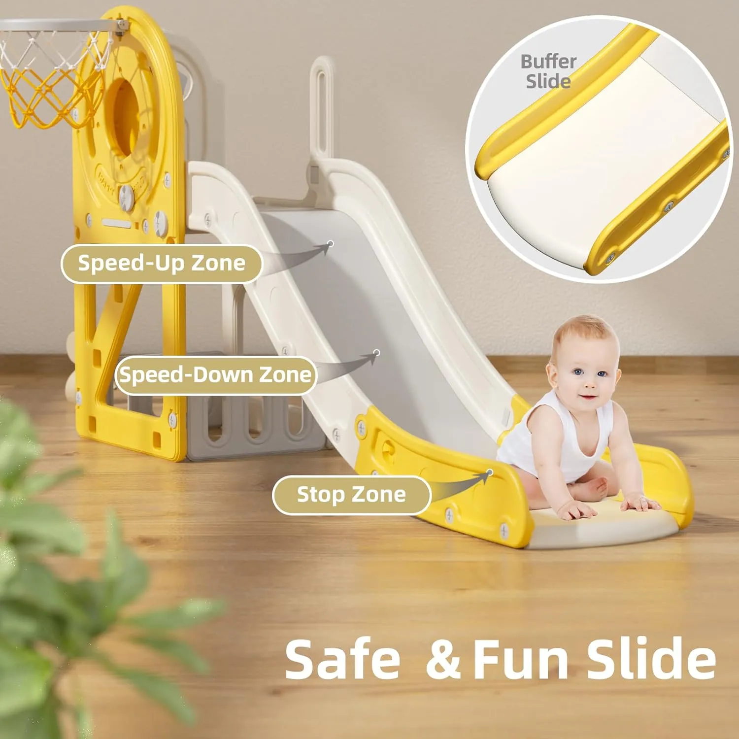 Children’s Montessori Slide Set | Basketball Hoop | Indoor or Outdoor | Yellow or Grey