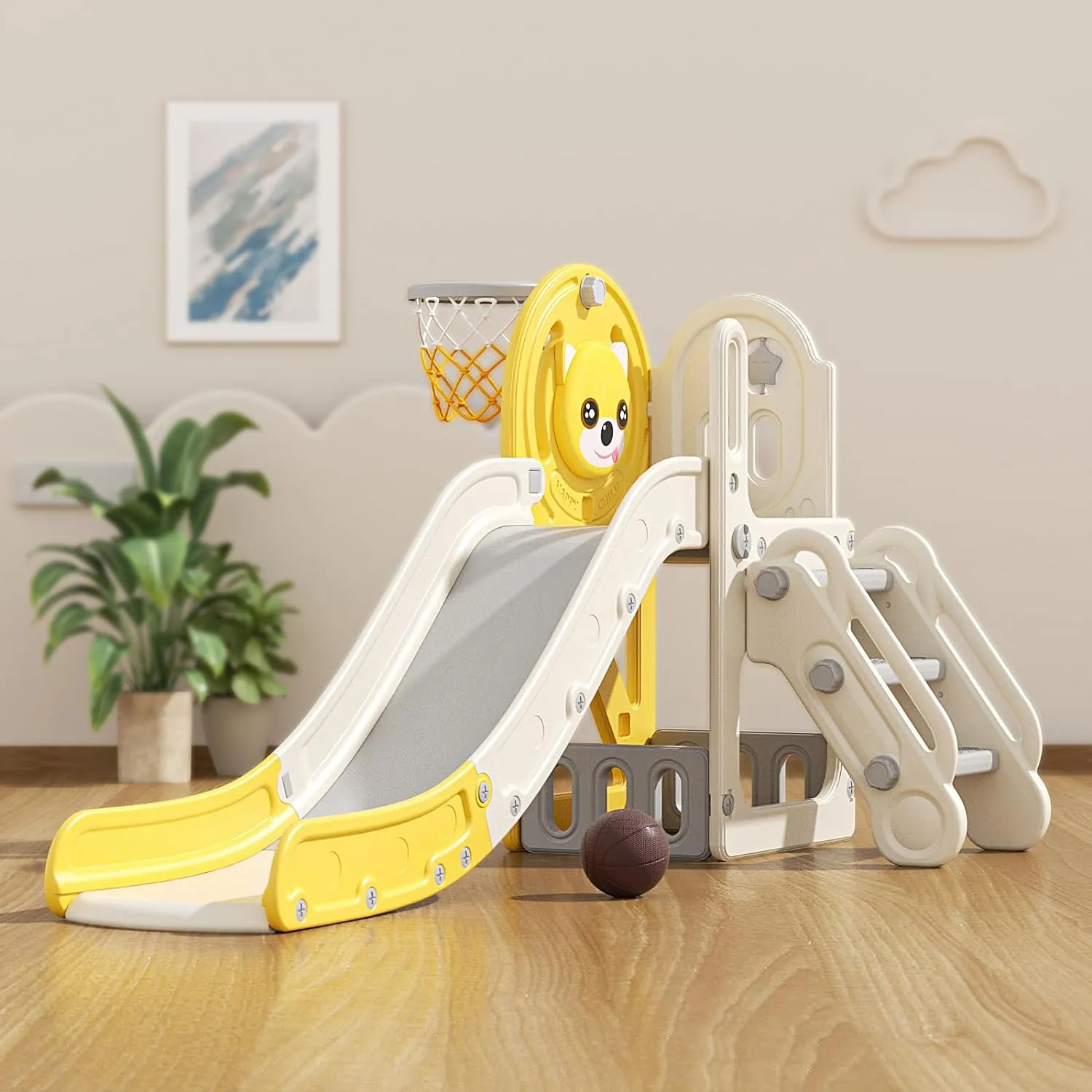 Children’s Montessori Slide Set | Basketball Hoop | Indoor or Outdoor | Yellow or Grey