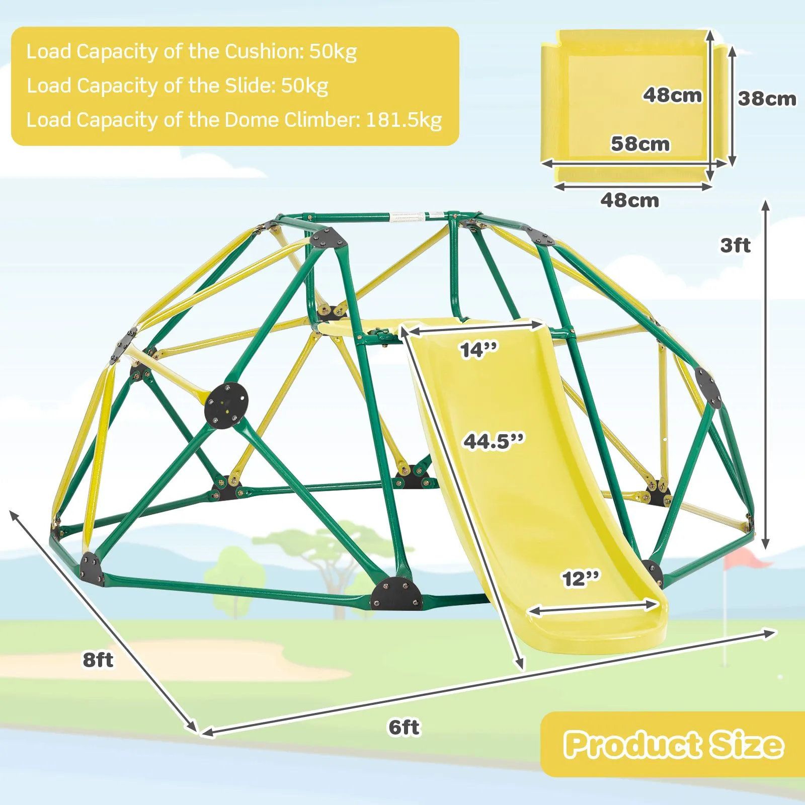 Children's XL Rust-resistant Indoor | Outdoor Montessori Climbing Frame Dome with Slide | 3-12 years