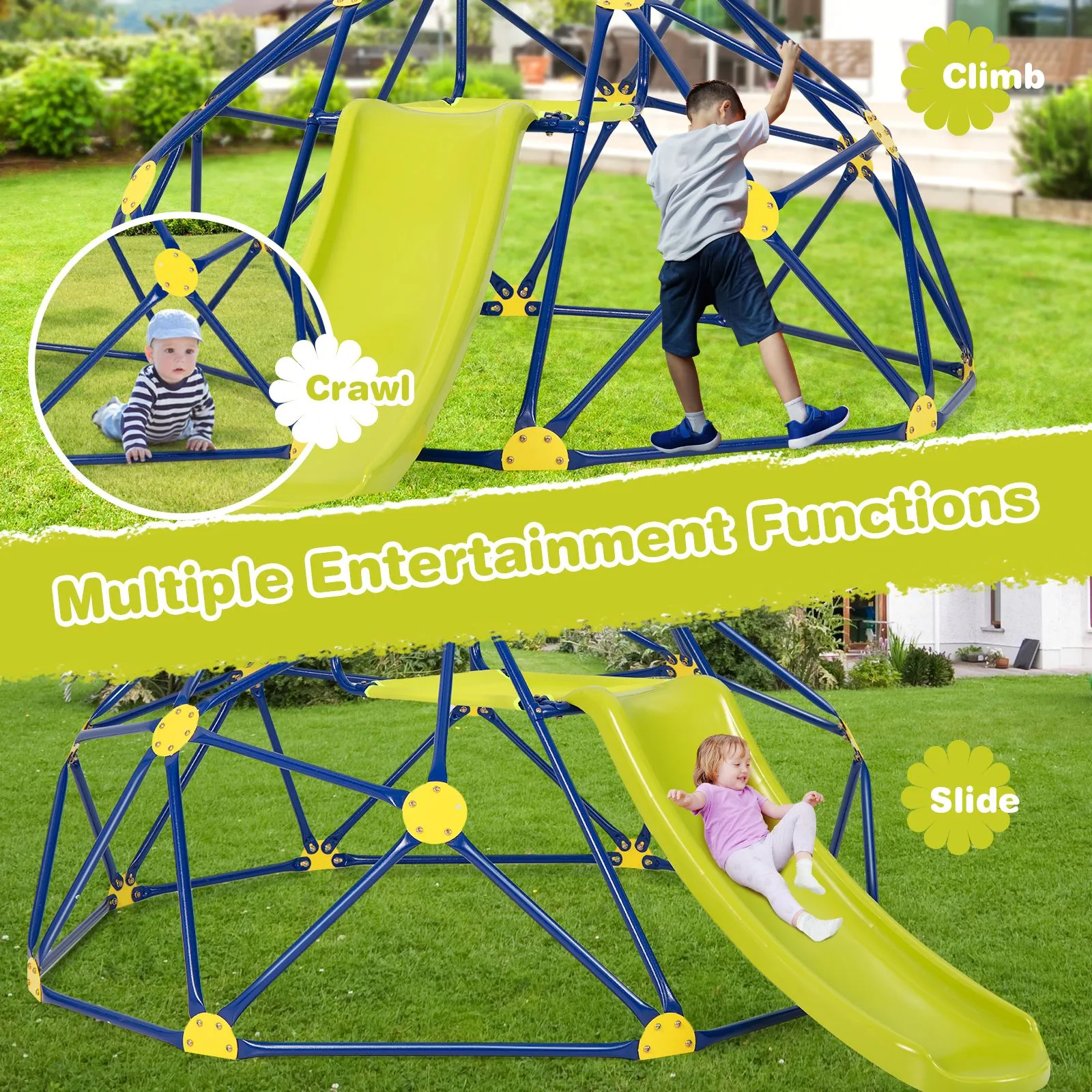 Children's XL Rust-resistant Indoor | Outdoor Montessori Climbing Frame Dome with Slide | 3-12 years