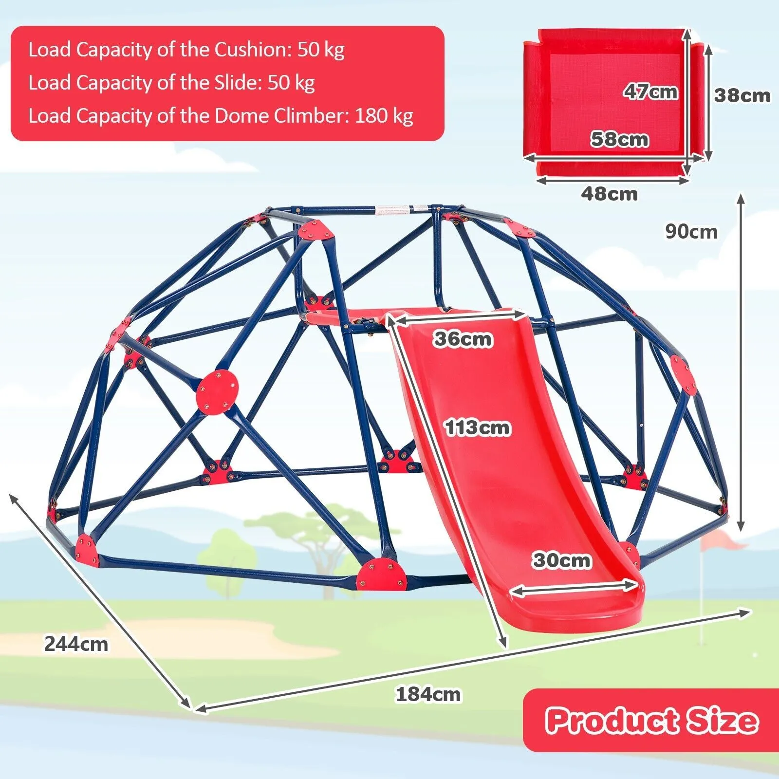 Children's XL Rust-resistant Indoor | Outdoor Montessori Climbing Frame Dome with Slide | 3-12 years