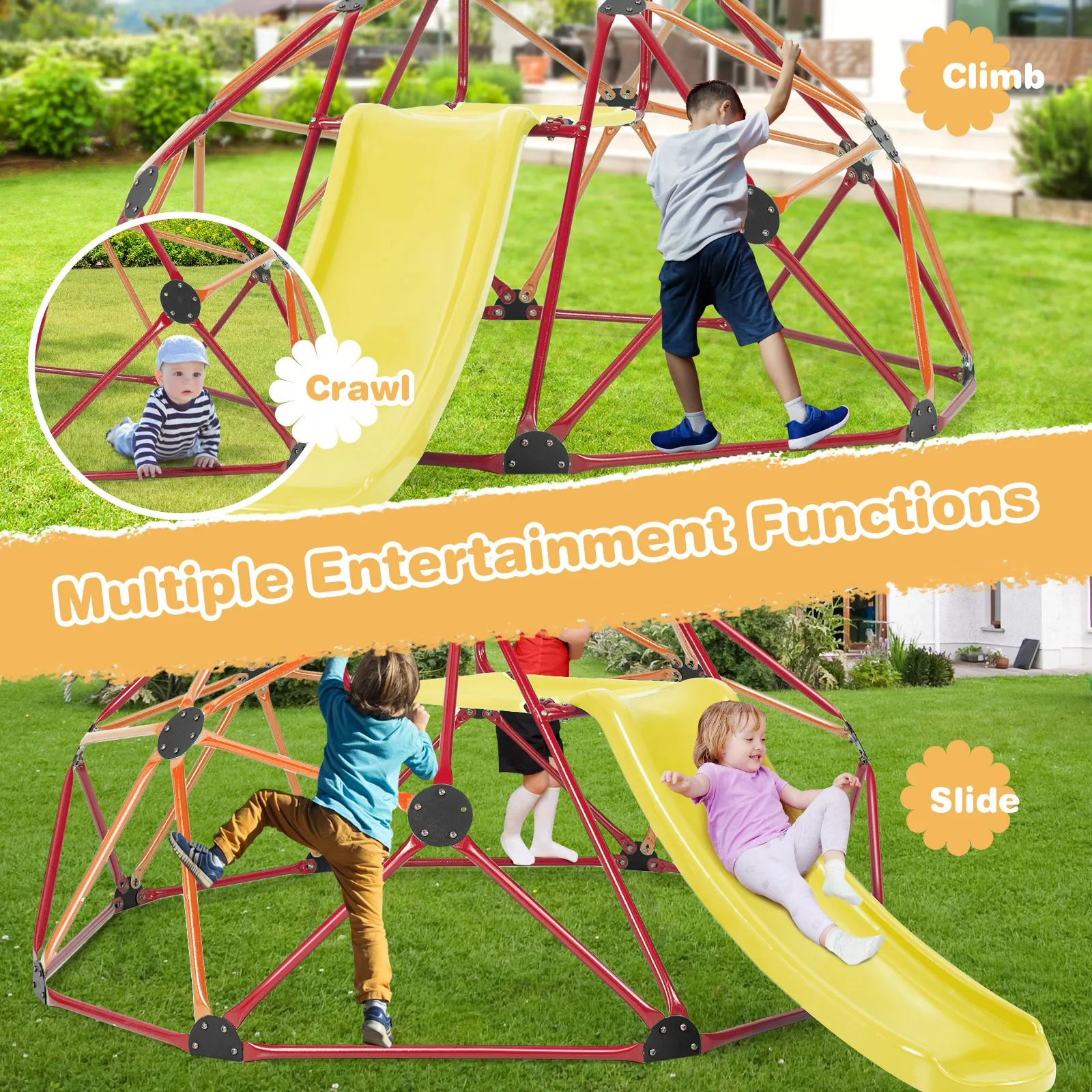 Children's XL Rust-resistant Indoor | Outdoor Montessori Climbing Frame Dome with Slide | 3-12 years