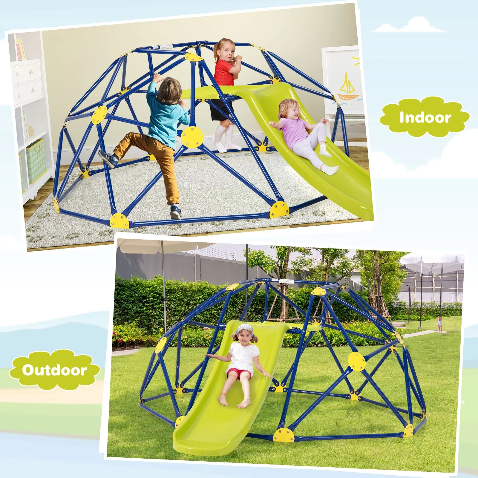 Children's XL Rust-resistant Indoor | Outdoor Montessori Climbing Frame Dome with Slide | 3-12 years