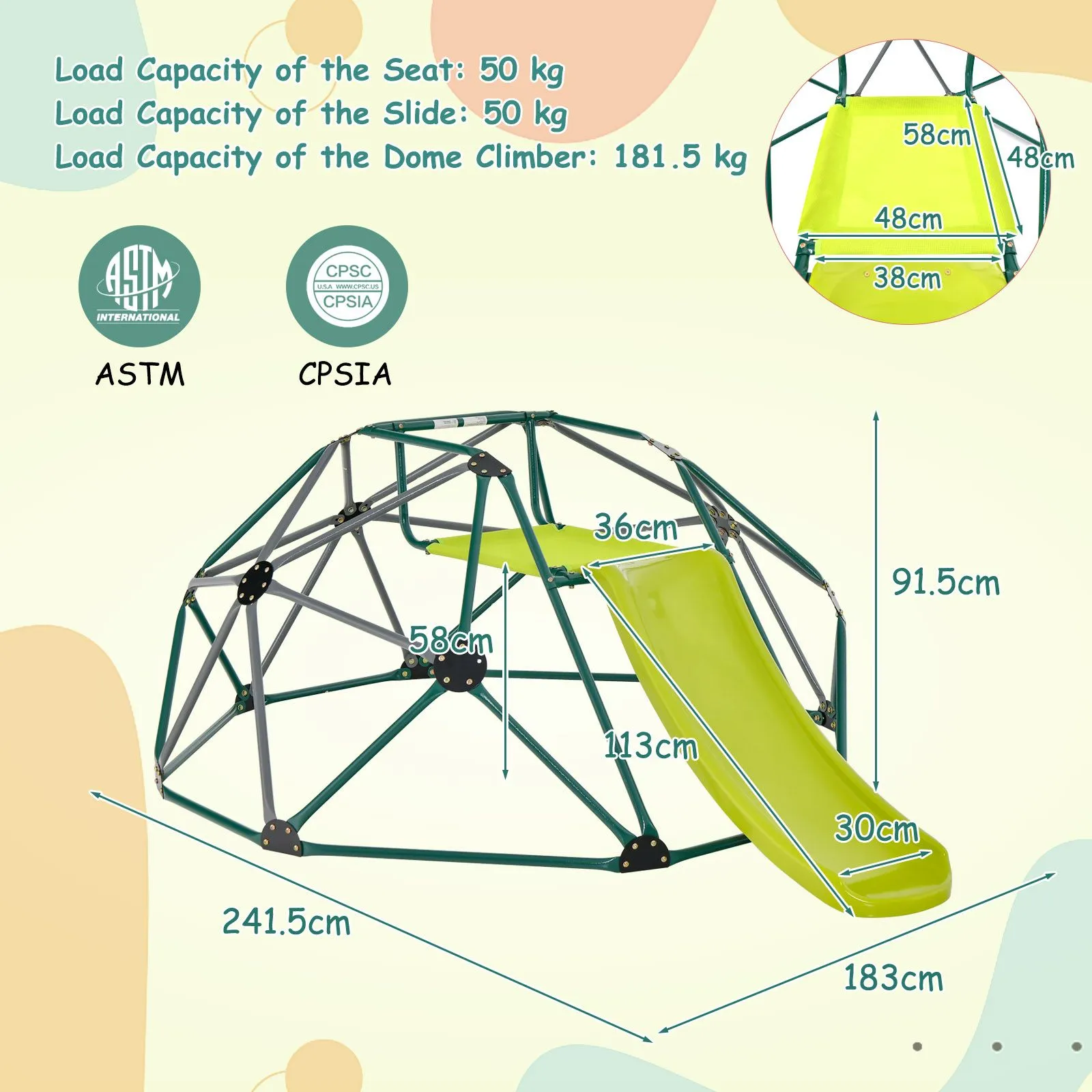 Children's XL Rust-resistant Indoor | Outdoor Montessori Climbing Frame Dome with Slide | 3-12 years