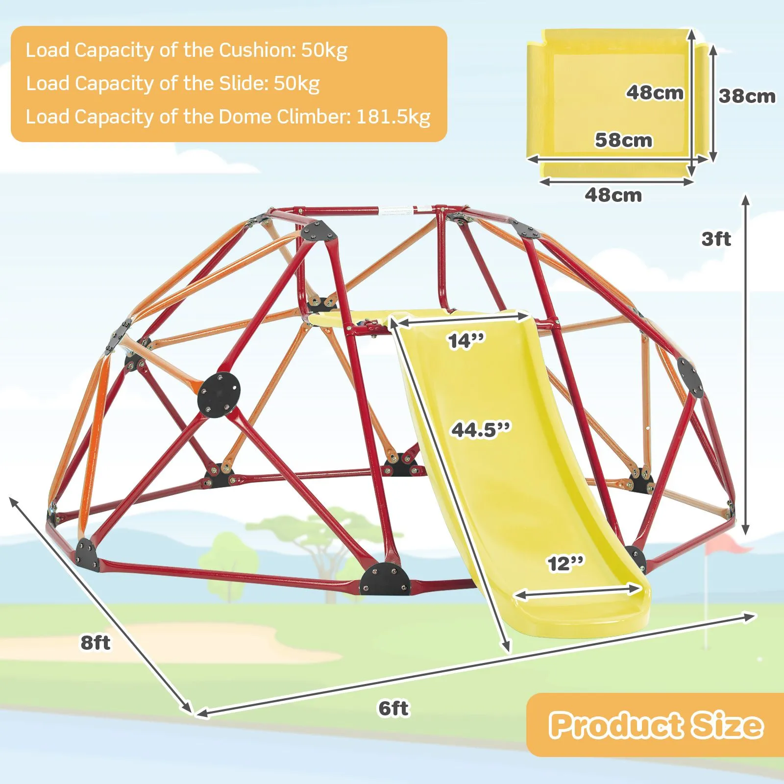Children's XL Rust-resistant Indoor | Outdoor Montessori Climbing Frame Dome with Slide | 3-12 years