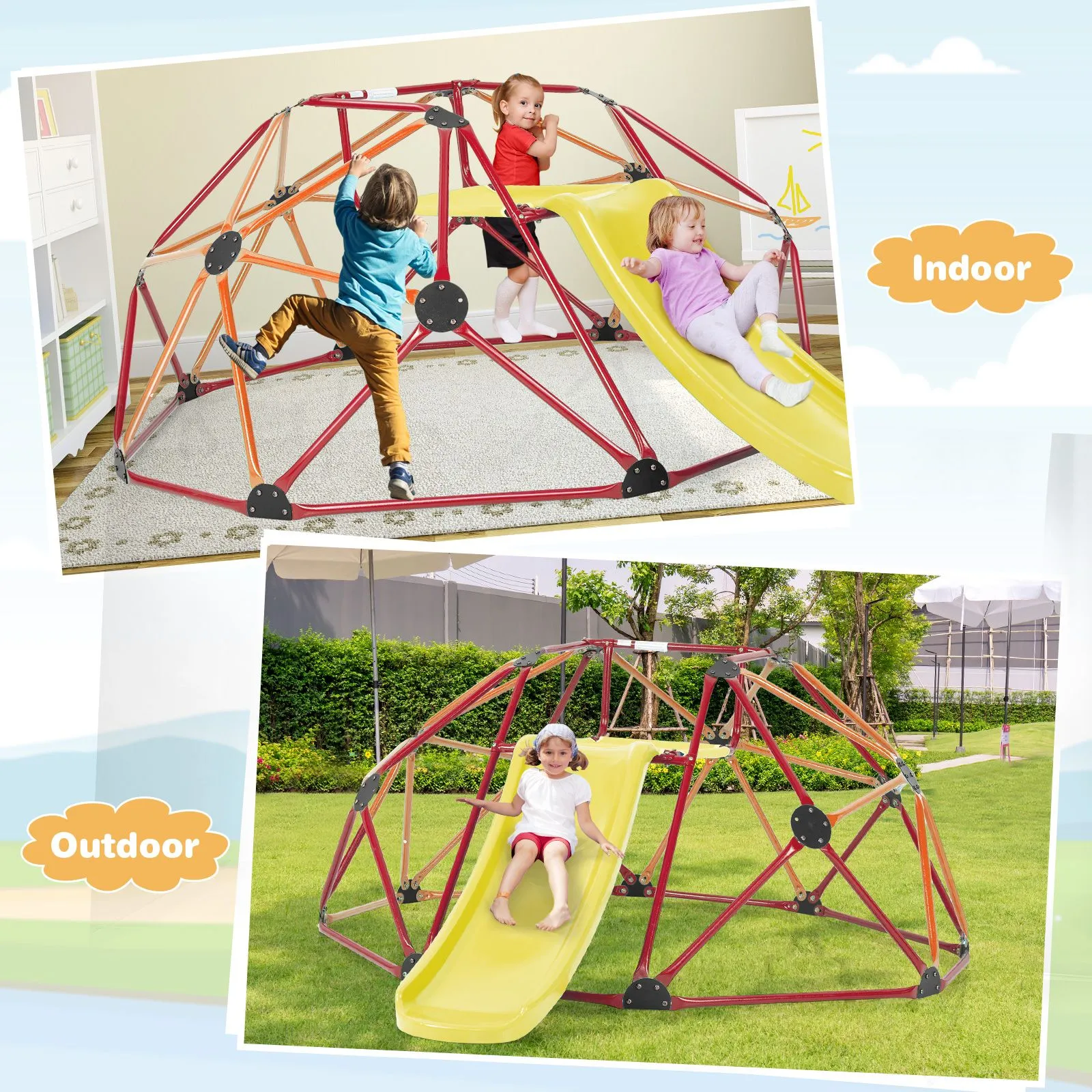 Children's XL Rust-resistant Indoor | Outdoor Montessori Climbing Frame Dome with Slide | 3-12 years