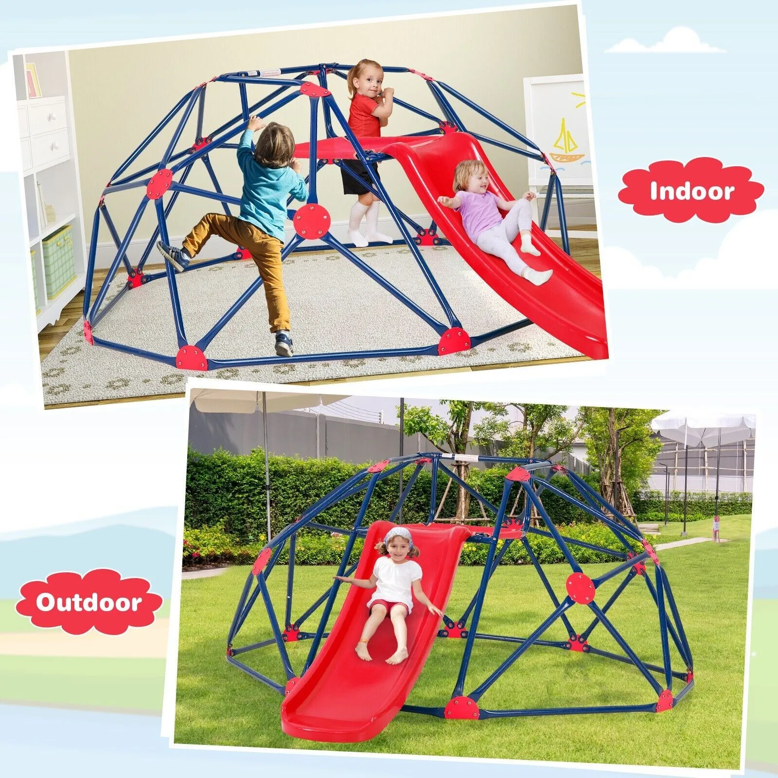 Children's XL Rust-resistant Indoor | Outdoor Montessori Climbing Frame Dome with Slide | 3-12 years
