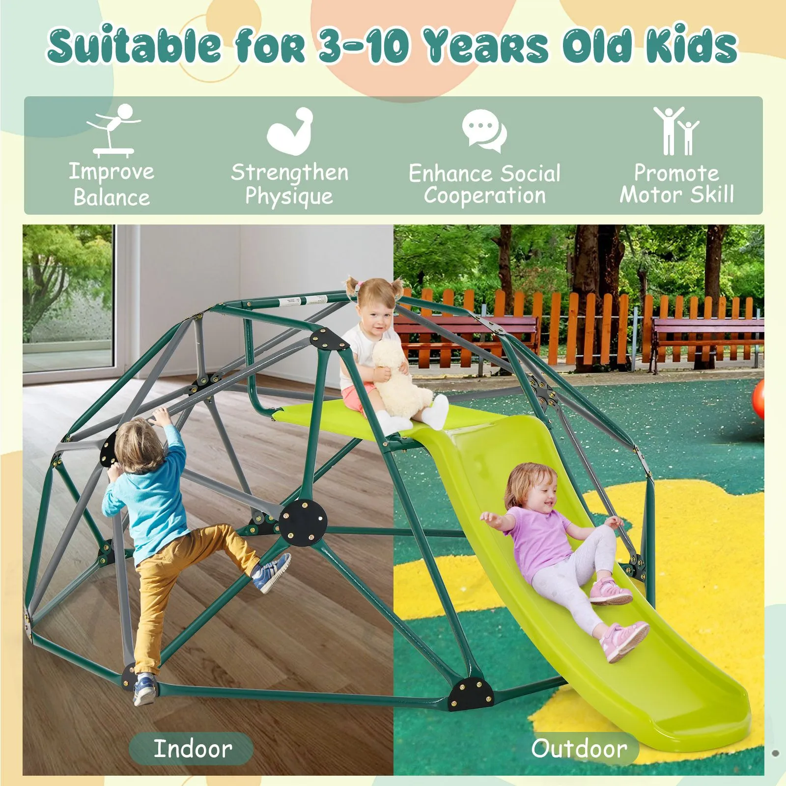 Children's XL Rust-resistant Indoor | Outdoor Montessori Climbing Frame Dome with Slide | 3-12 years