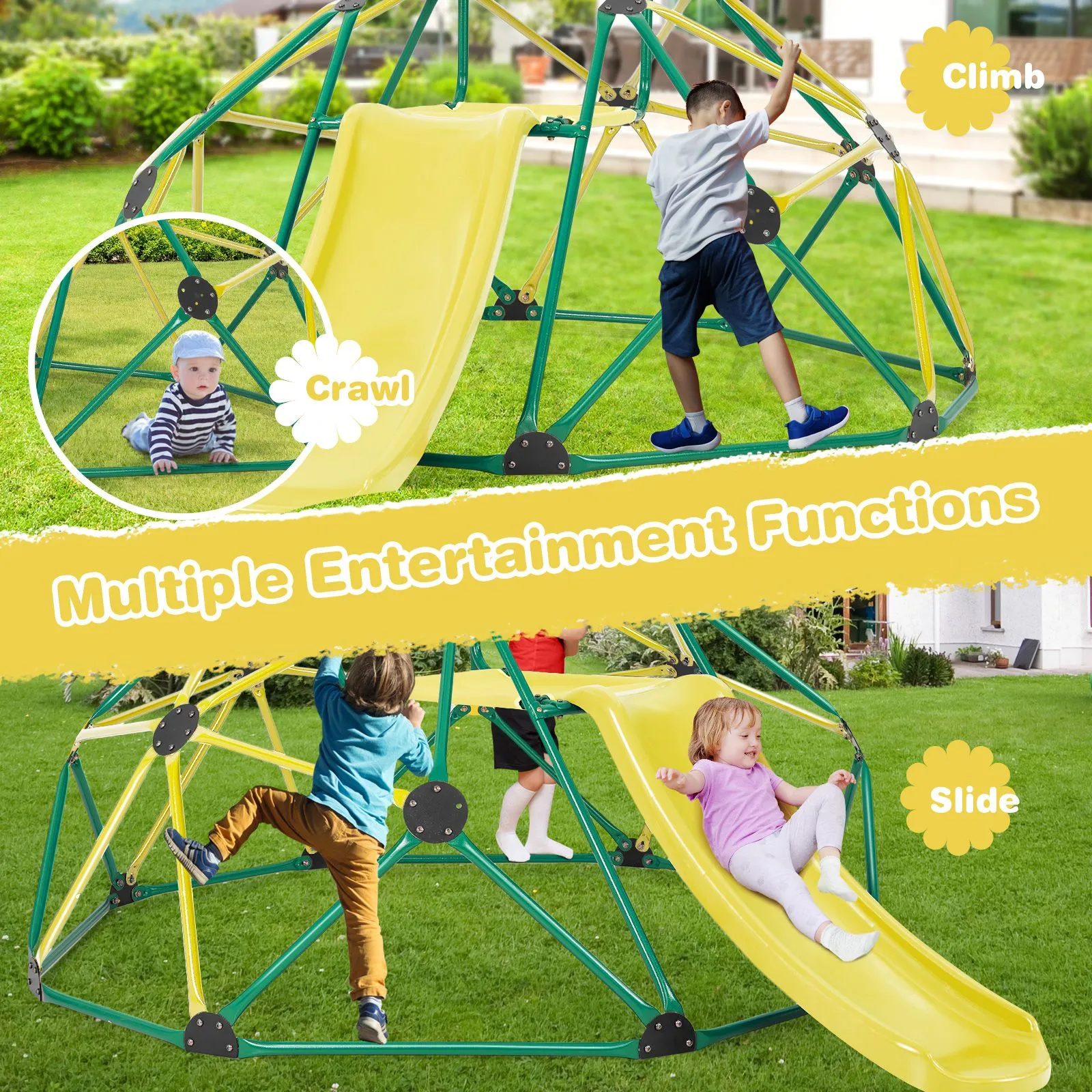 Children's XL Rust-resistant Indoor | Outdoor Montessori Climbing Frame Dome with Slide | 3-12 years