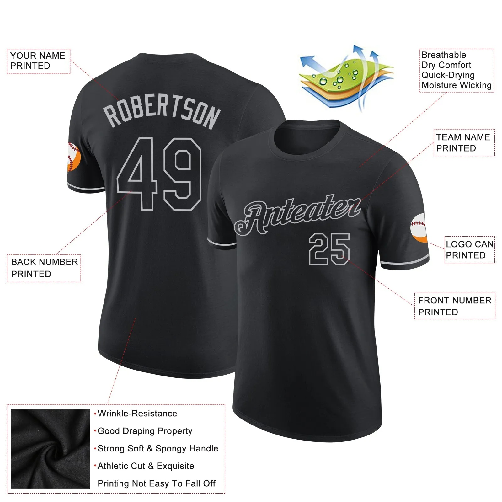 Custom Black Gray Performance T-Shirt