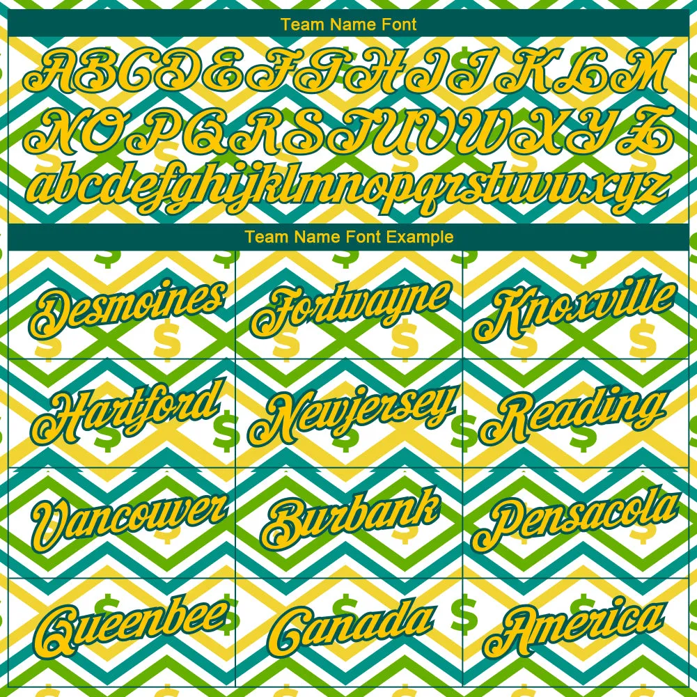 Custom White Yellow-Midnight Green 3D Pattern Design Dollar Sign Money Theme Performance T-Shirt