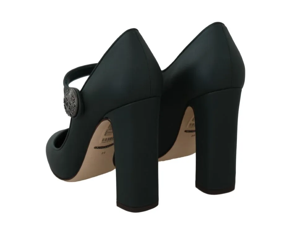 Dark Green Leather DG Coin Mary Janes Shoes