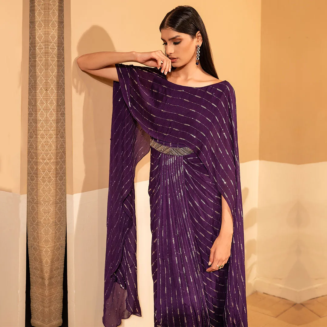 Deep Wine Embellished Long Dress With Cape