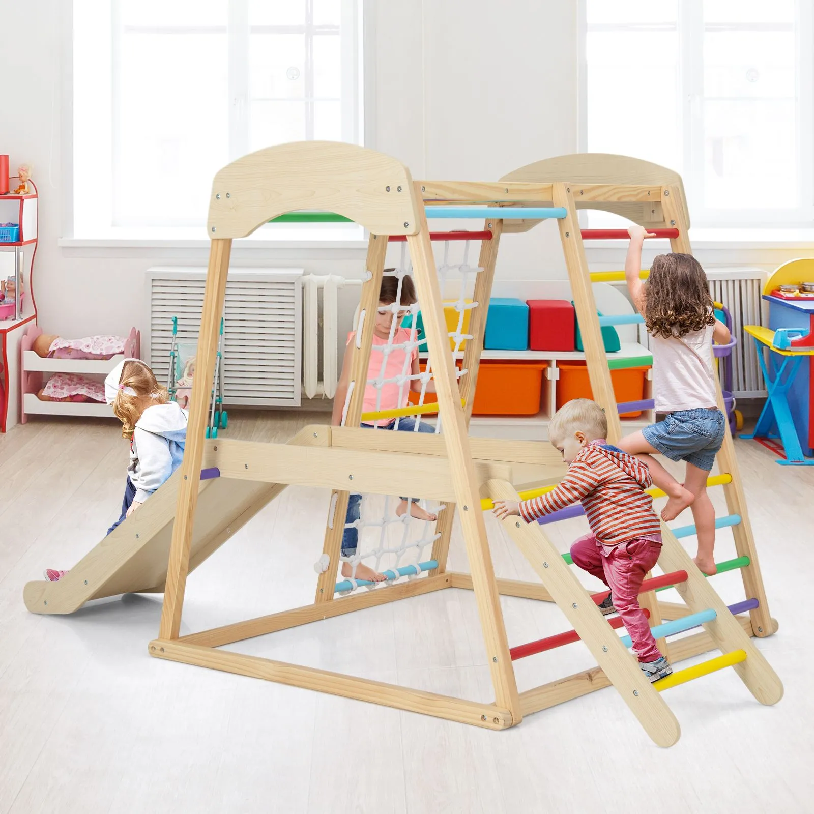 Eco Conscious Wooden 6-in-1 Indoor Jungle Gym | Kids Playground Climber | Slide | 12m 
