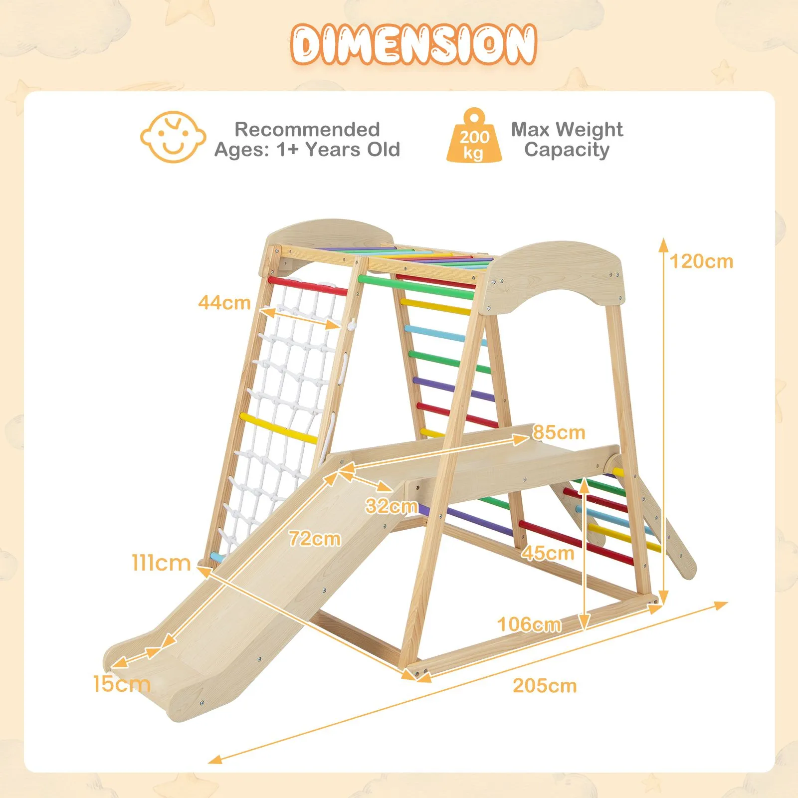 Eco Conscious Wooden 6-in-1 Indoor Jungle Gym | Kids Playground Climber | Slide | 12m 