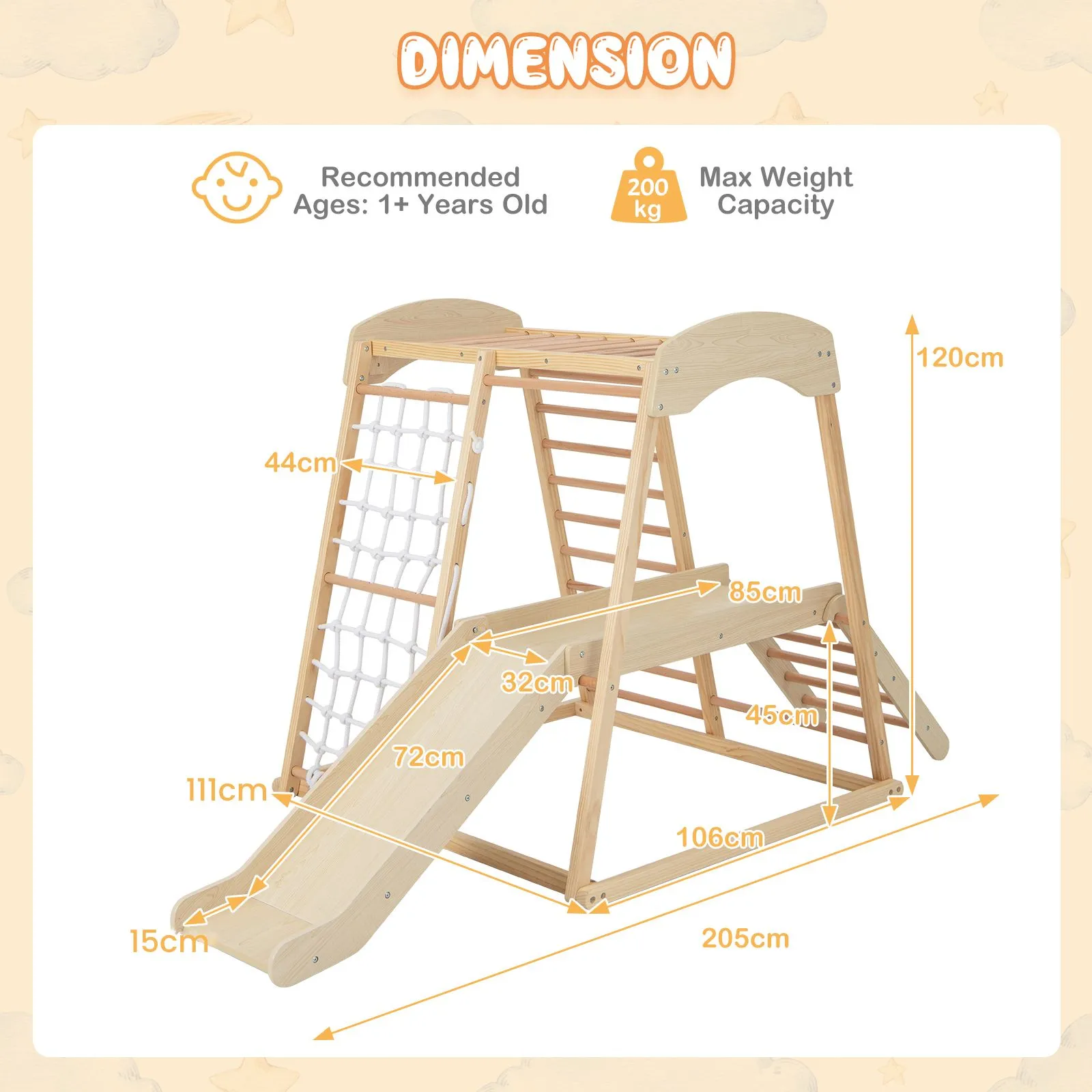 Eco Conscious Wooden 6-in-1 Indoor Jungle Gym | Kids Playground Climber | Slide | 12m 