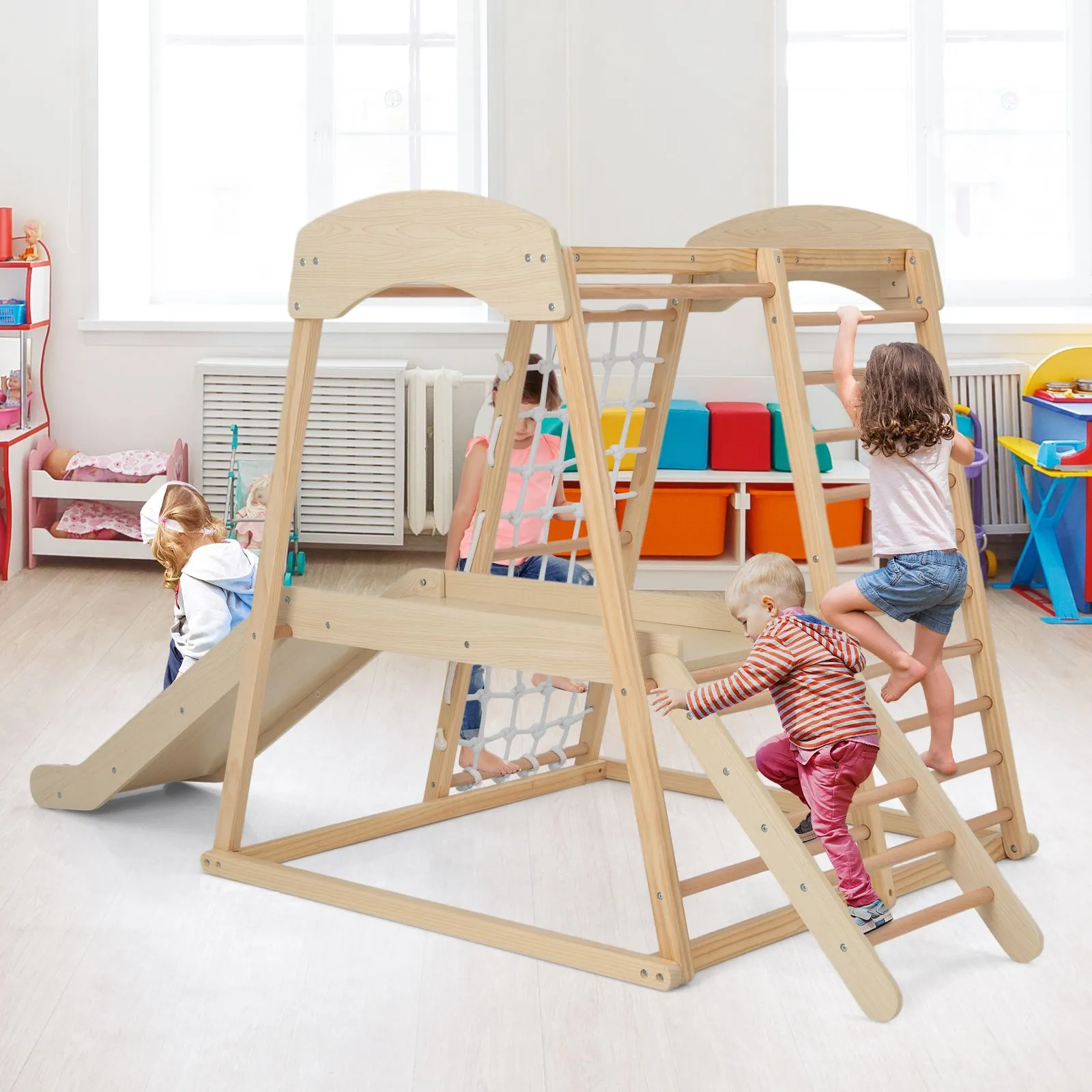 Eco Conscious Wooden 6-in-1 Indoor Jungle Gym | Kids Playground Climber | Slide | 12m 