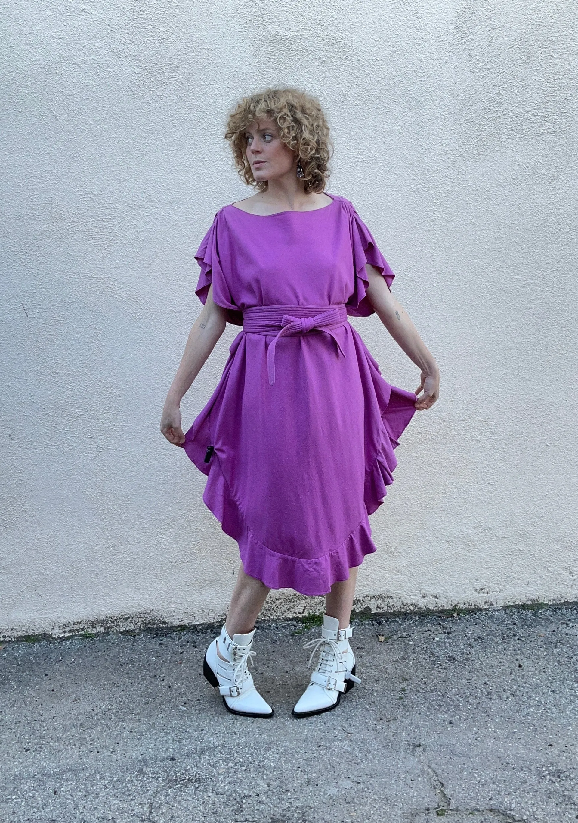 Electric Feathers Fuchsia Ruffle Silk Caftan