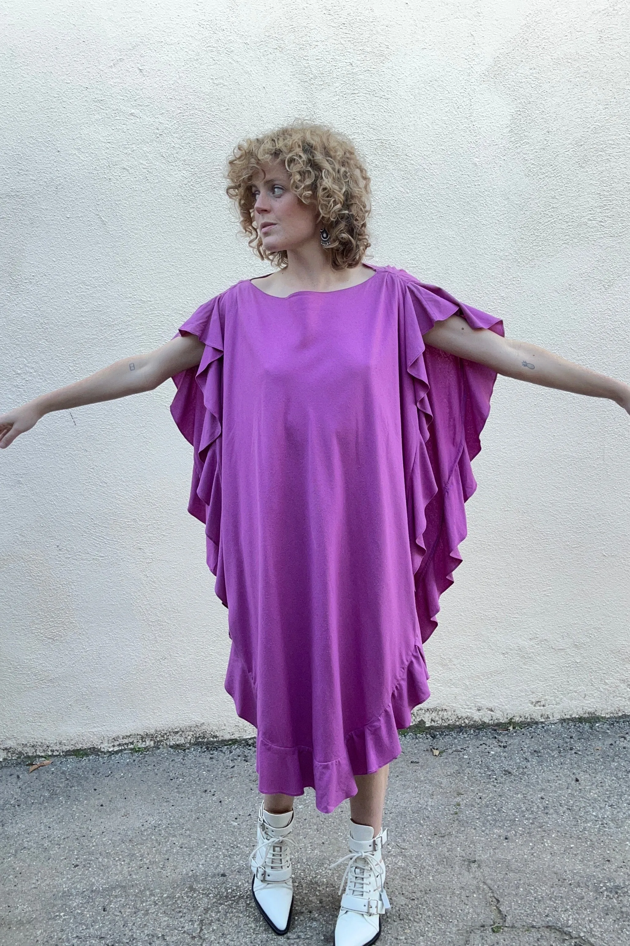 Electric Feathers Fuchsia Ruffle Silk Caftan