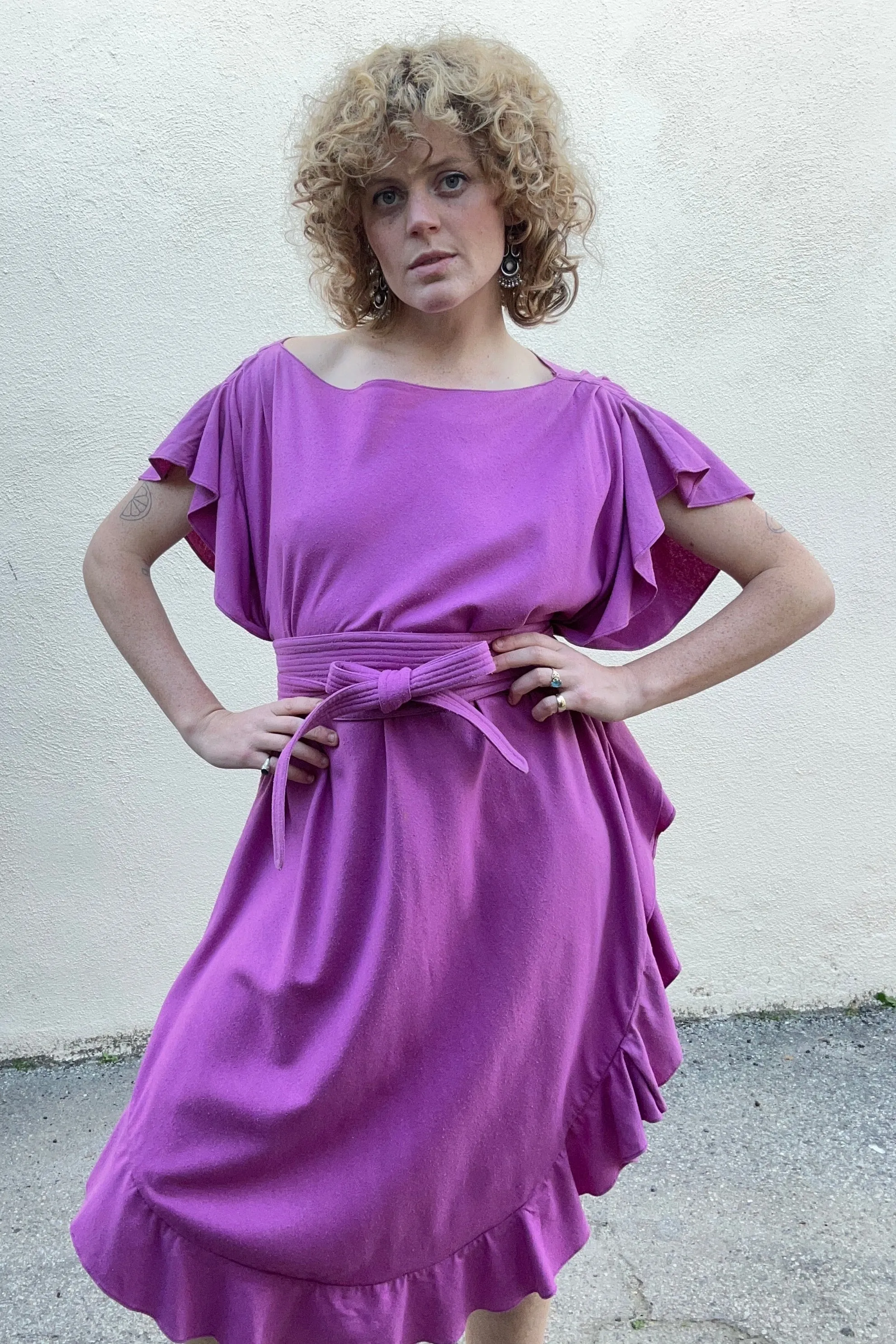 Electric Feathers Fuchsia Ruffle Silk Caftan