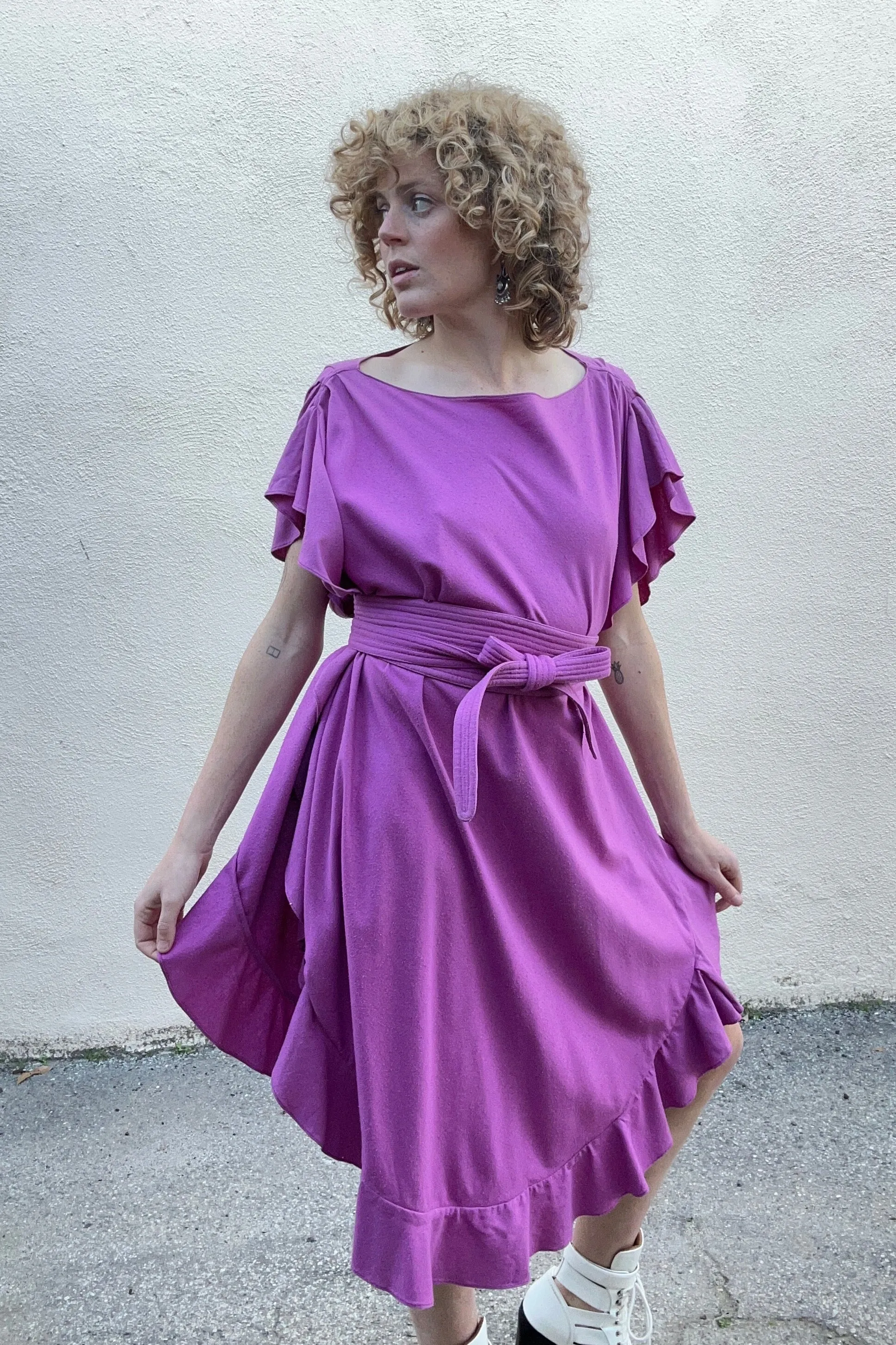 Electric Feathers Fuchsia Ruffle Silk Caftan