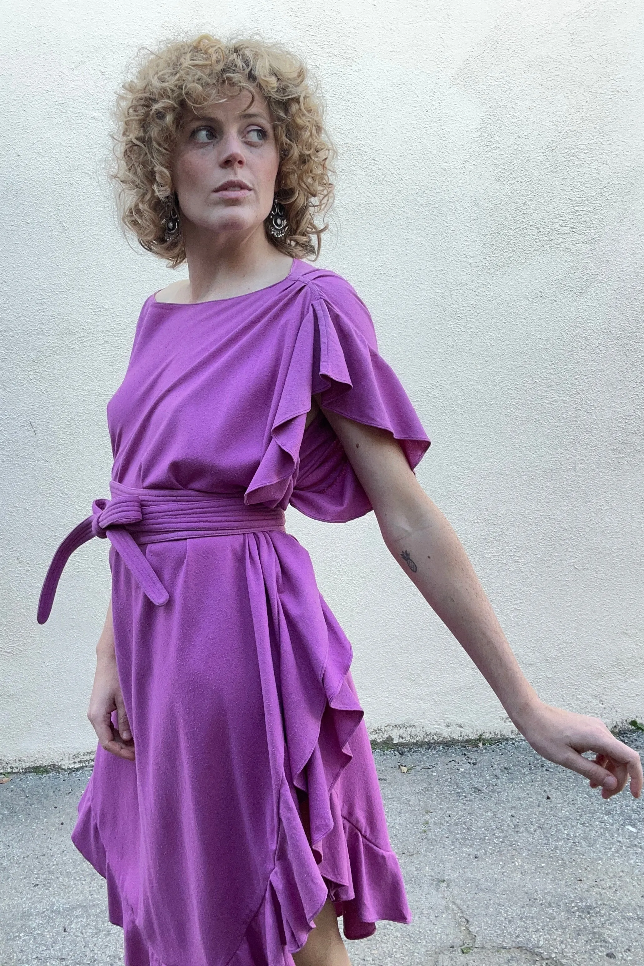 Electric Feathers Fuchsia Ruffle Silk Caftan