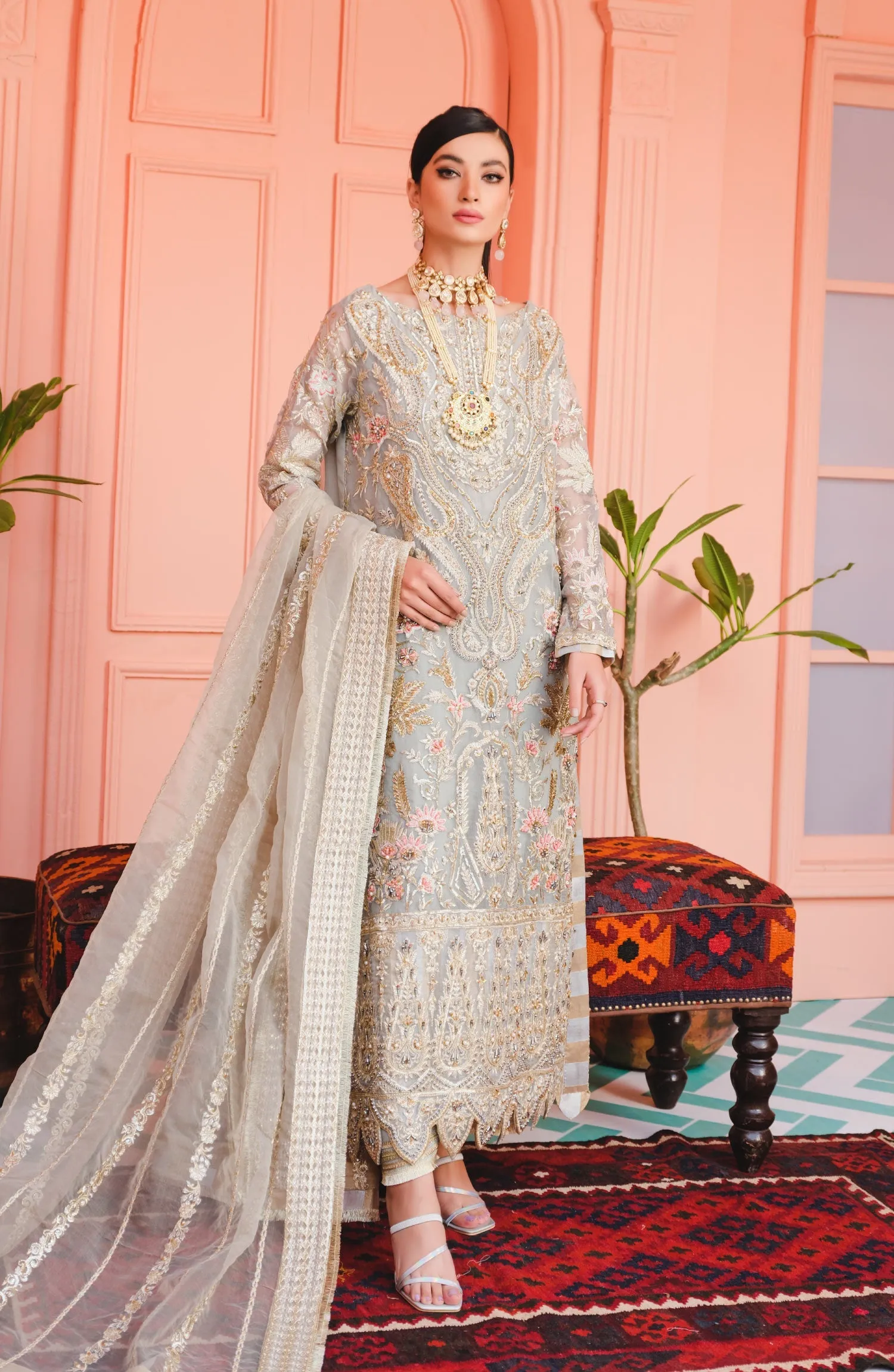 Elegant Fancy Dress Pakistani in Silver Shade #PF377