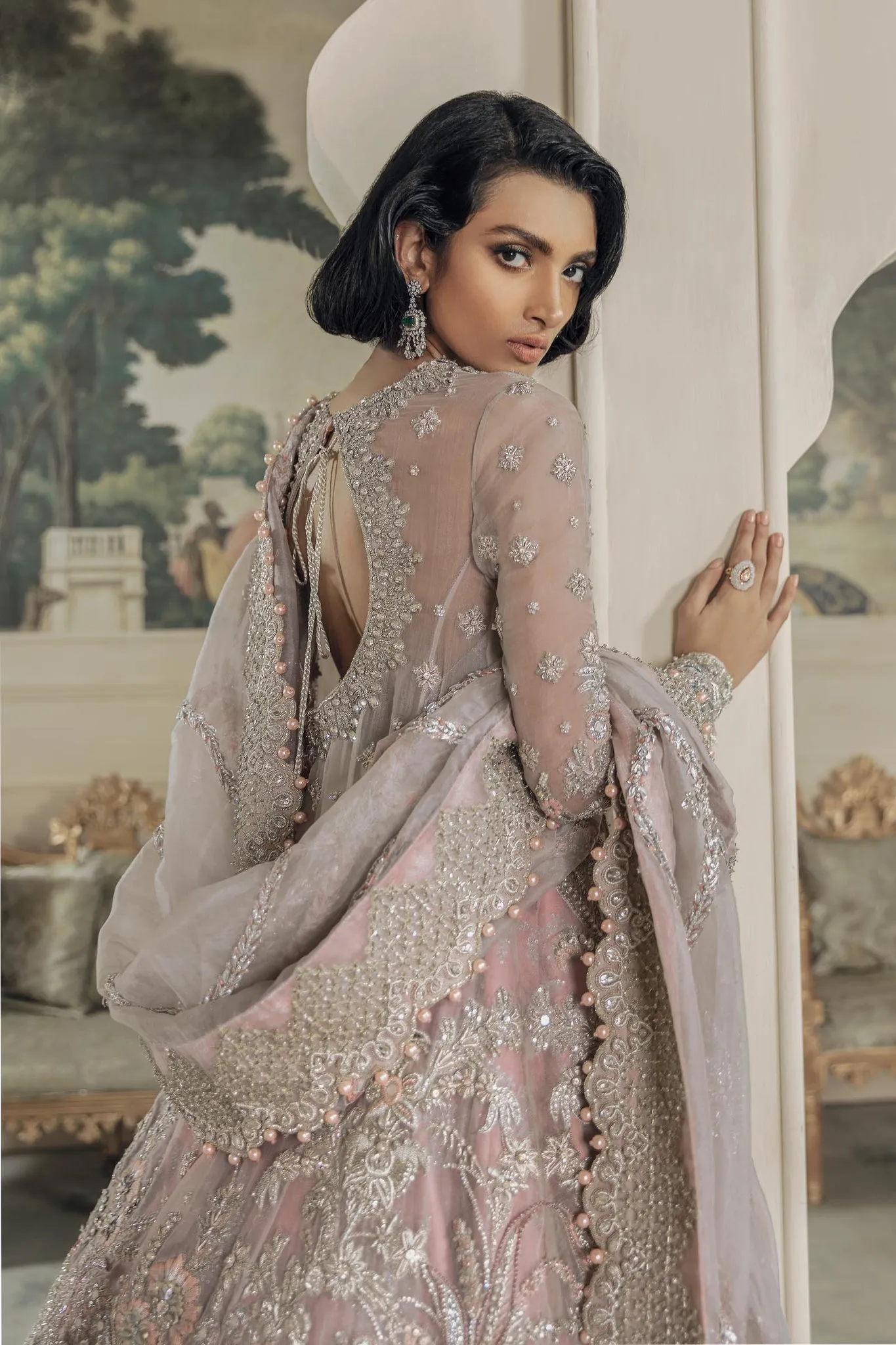 Embellished Light Pink Long Shirt Lehenga for Bridal Wear
