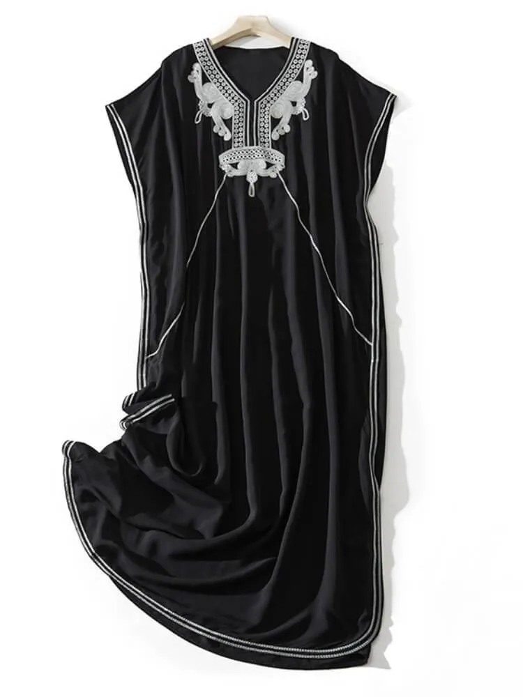 Embroidered Loose V-Neck Dress