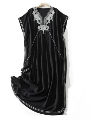 Embroidered Loose V-Neck Dress