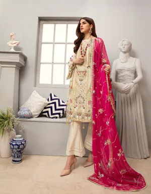 Embroidered Organza Dress In Ivory With Fuchsia # C2076