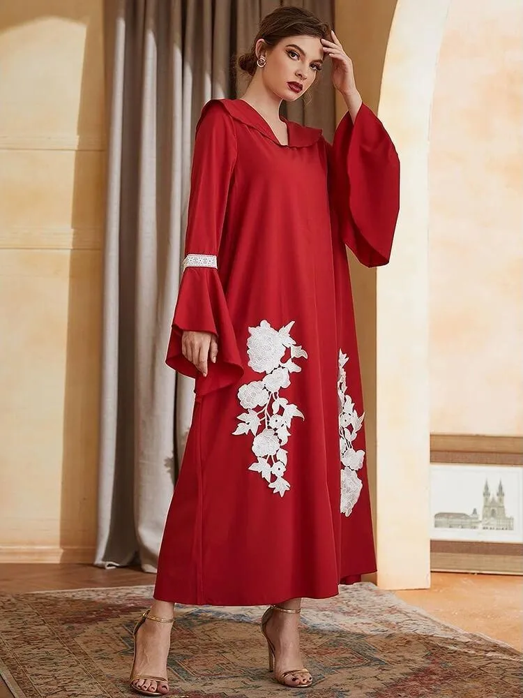 Embroidered V-neck Flare Sleeve Dress