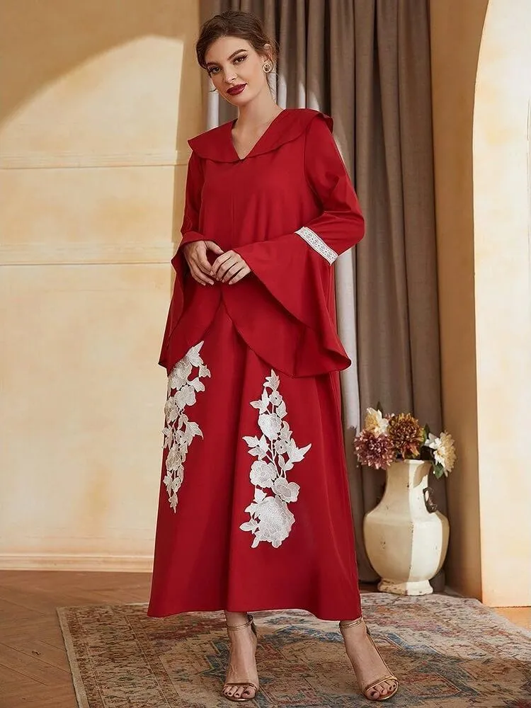 Embroidered V-neck Flare Sleeve Dress