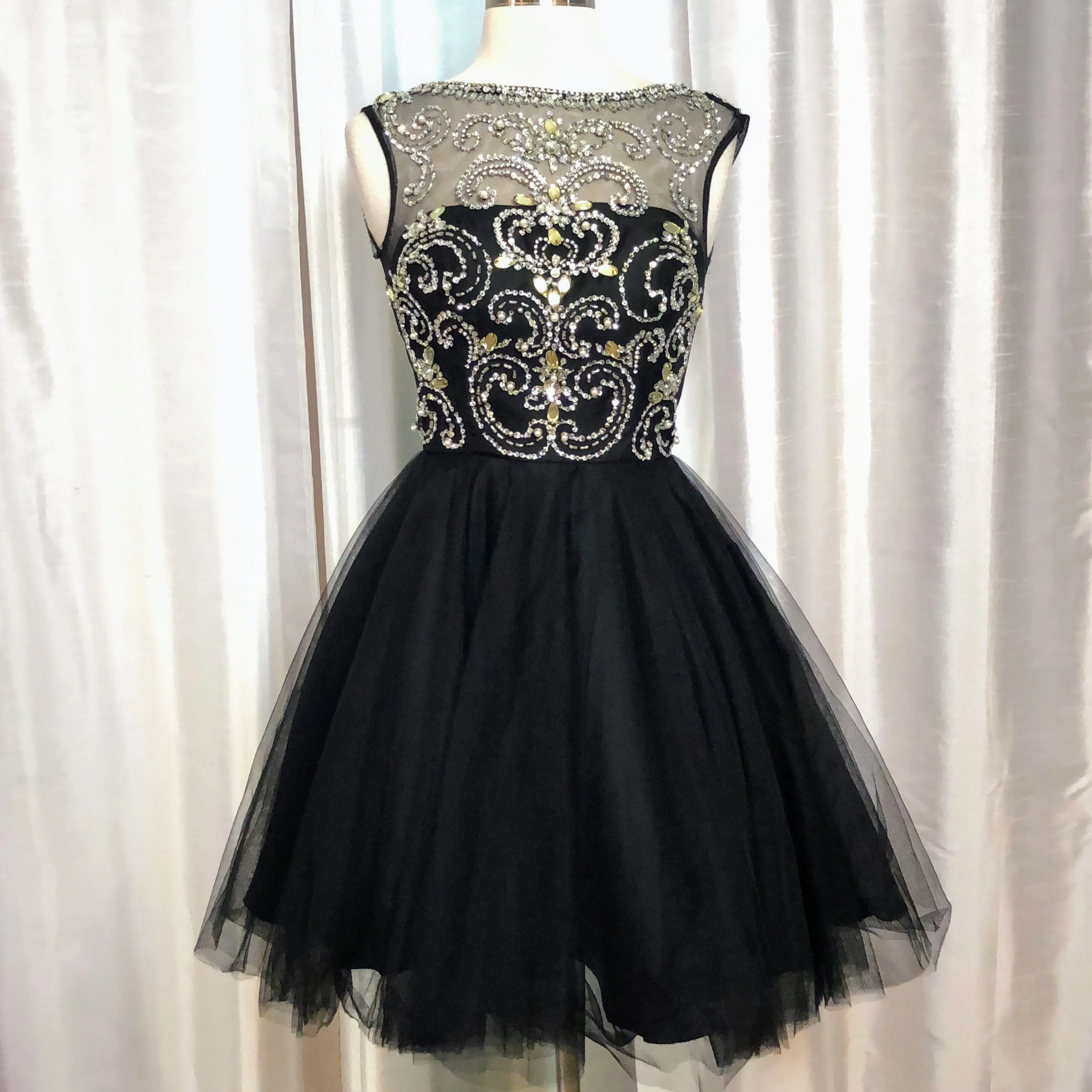 ENVIOUS COUTURE Black High Neck Lace Embellished Mesh Bodice Short Dress Size 0