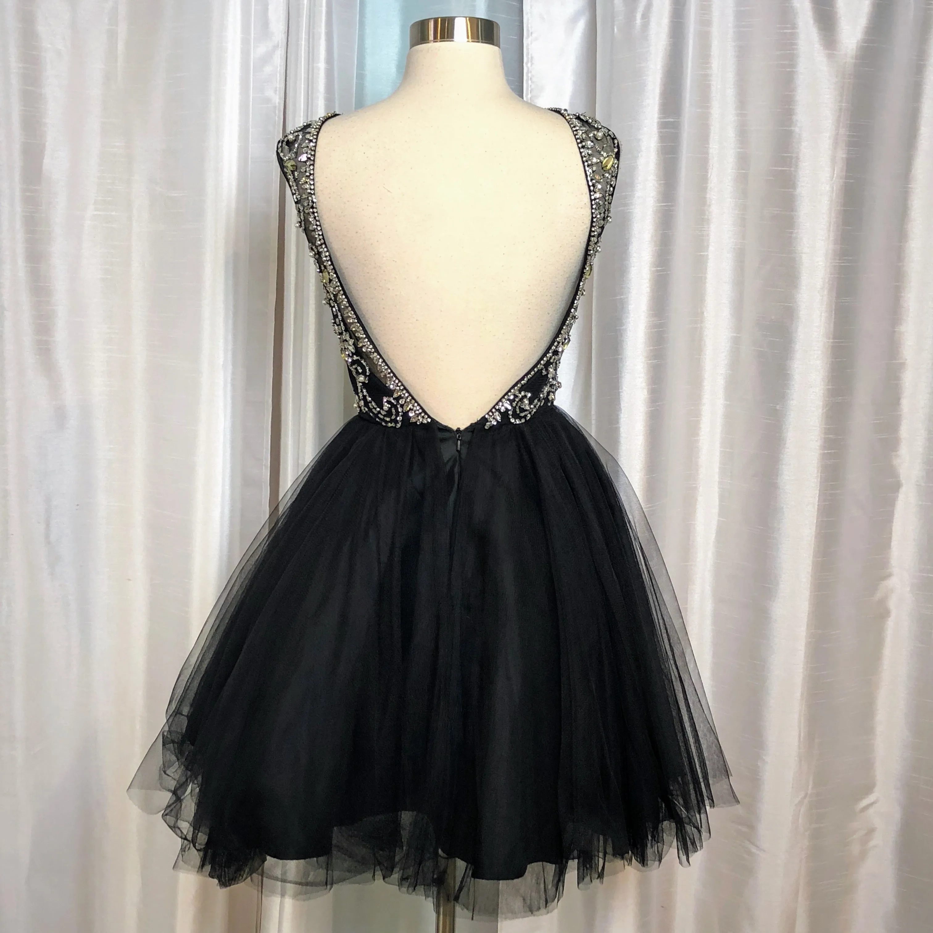 ENVIOUS COUTURE Black High Neck Lace Embellished Mesh Bodice Short Dress Size 0