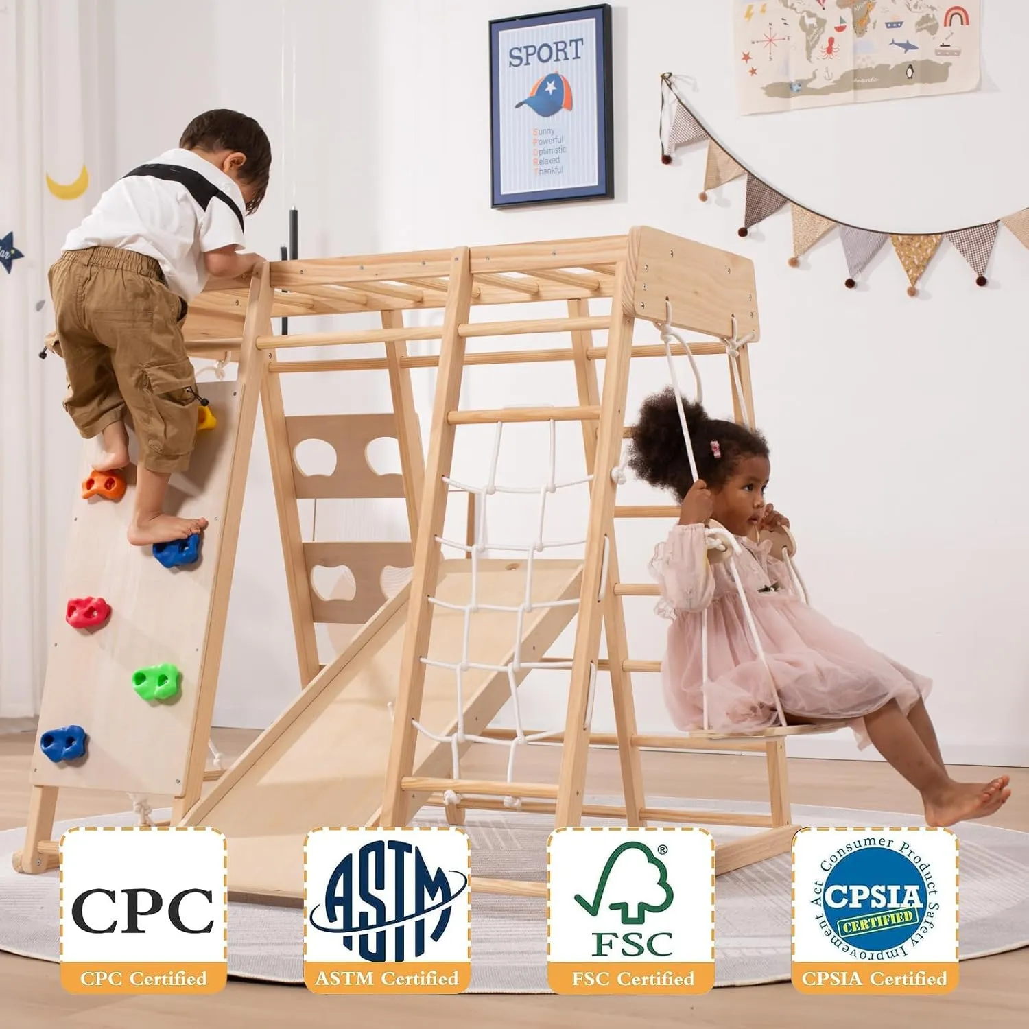Ergonomic Design Pikler 8-in-1  Indoor Eco Wood Toddler Jungle Gym | Climbing Wall | Slide | 24m 