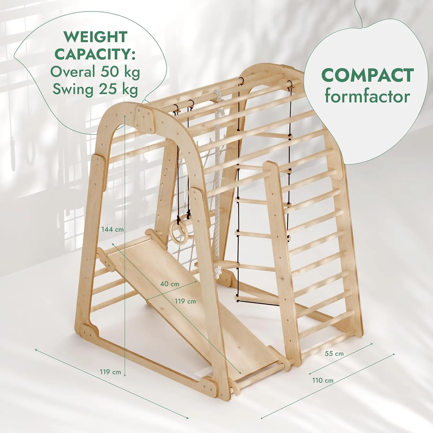 Ergonomic Pikler 6-in-1  Indoor & Outdoor Eco Wood Toddler Jungle Gym | Climbing Wall | Slide | 36m 