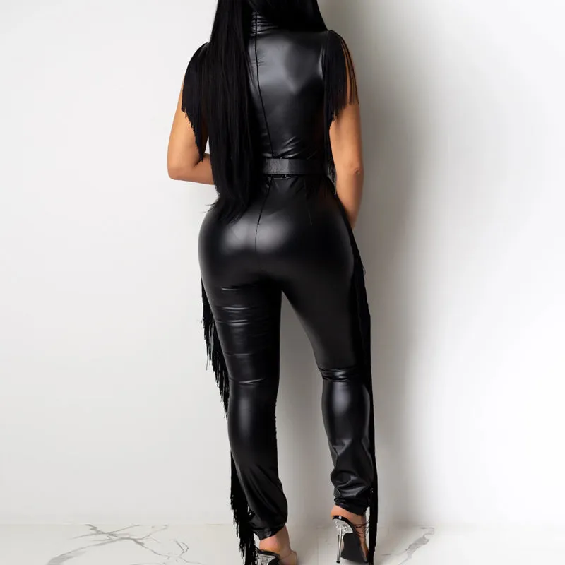 Fashion PU Tassel Patchwork Sleeveless Jumpsuit